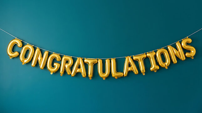 Gold foil balloons spell out congratulations on teal background letters