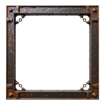 Rustic industrial metal picture frame border isolated on transparent background