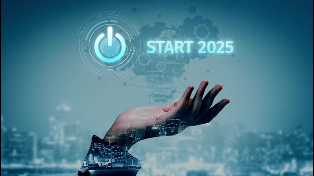 Start 2025 concept with futuristic power button symbolizing fresh beginnings, innovation, and digital transformation. Start 2025, new goals, and start 2025 initiative. Muxer