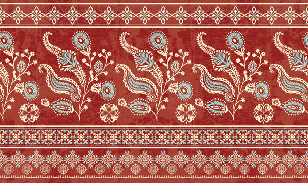 Seamless vector border pattern with paisley and floral motifs in ethnic style, traditional block print background.