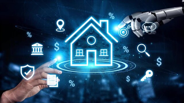 Futuristic Concept of Real Estate Technology with Robotic Hand Interacting with Smart Home Icons and Digital Elements Gluon.
