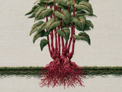Textile Art Plant with Rich Green Leaves and Striking Red Roots on Fabric