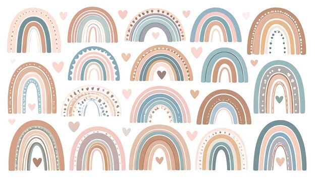 A digital illustration of colorful rainbows and hearts on a white background