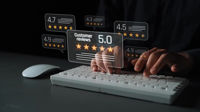 Customer centric review and rating system support product review, digital rating concept, and customer give good trust by visualizing people choice through stars and feedback content technology Marrow