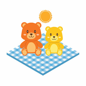 Two cartoon teddy bears sitting on a picnic blanket under the sun