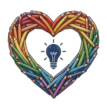 Colorful pencils forming a heart with a lightbulb idea concept