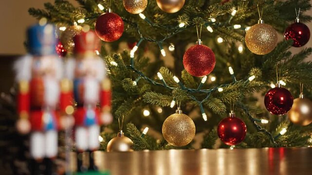 Nutcracker figurines beside Christmas decorations with lights and ornaments