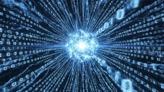 Digital stream of binary code in blue futuristic tunnel