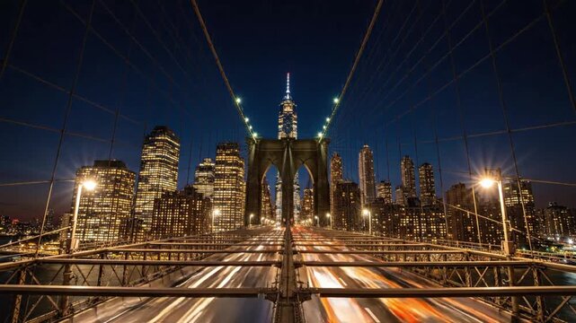 Hyperlapse view of Manhattan skyline and Brooklyn Bridge at sunset
