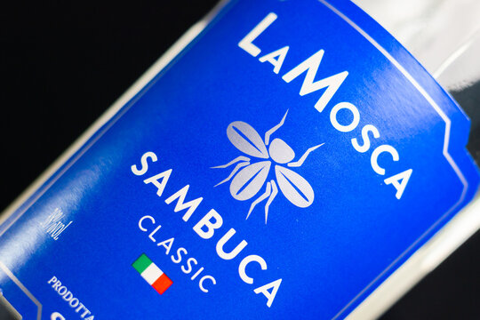 LONDON, UNITED KINGDOM - JULY 25, 2024 Bottles of LaMosca Sambuca Classic, aniseed liqueurs produced according to the original Italian recipe developed by the famous Italian company Casoni