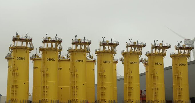 Offshore wind turbine steel base platforms under construction