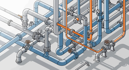 Fototapeta premium Industrial piping system, complex network of pipes, valves, and junctions