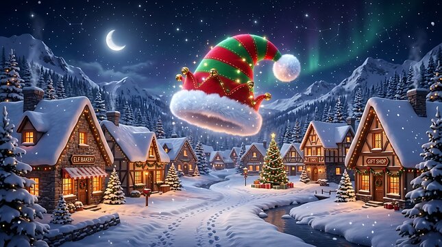 Magical floating elf hat above a charming snow covered village at night with northern lights.