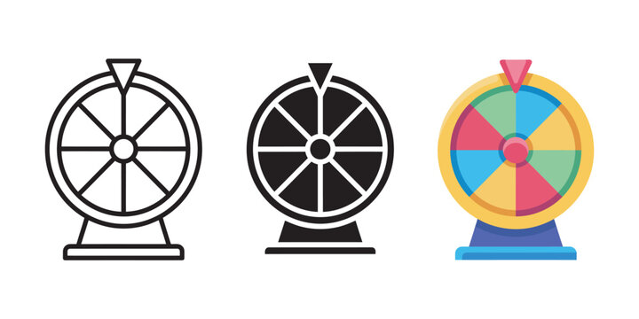 Lucky Wheel Prize Draw Vector Icons with Spinning Wheel Concept for Gaming Rewards and Random Selection