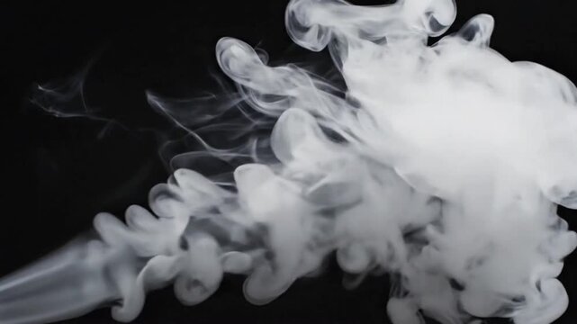White tobacco smoke line cloud on a black background shows movement and formation patterns in a continuous flow over time