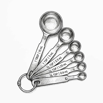 Set of silver measuring spoons with volume measurements on white background