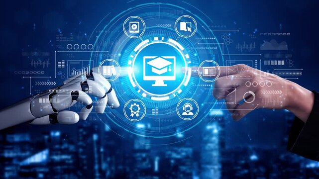 Futuristic Collaboration Between Human Hand and Robotic Hand Incorporating Digital Education Concepts with Online Learning Symbols and Modern Technology Background. Entropy.