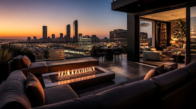 Luxury penthouse balcony with a fire pit overlooking a modern city skyline at sunset.