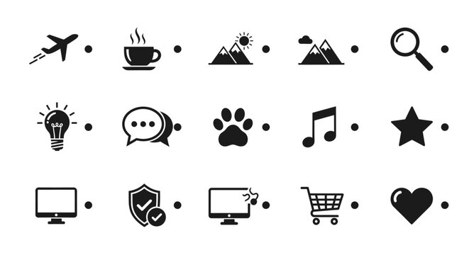 Modern Icons Set: Travel, Coffee, Nature, Search, Idea, Chat, Pets, Music, Favorite