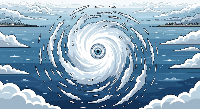 Pixel Art Hurricane Eye Over Ocean with Islands and Clouds