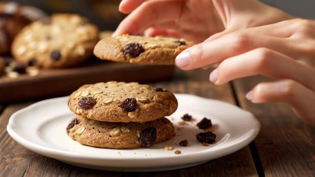 Hands prepare and serve oatmeal cookies on a white plate in a cozy kitchen setting with natural light