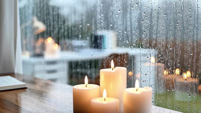 Raindrops on a glass pane beside flickering candles with the diffuse glow of a cityscape in the background