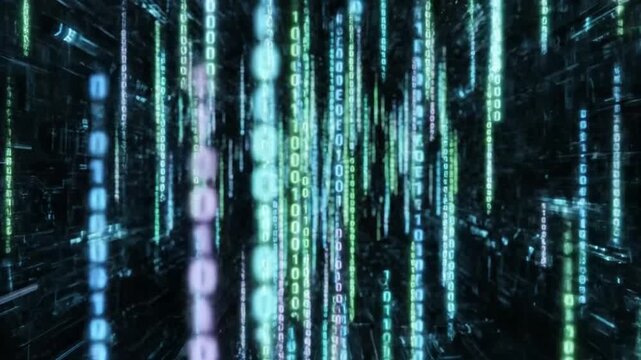 Falling binary code numbers in futuristic digital data space