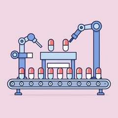 Naklejka premium Automated robotic arms assemble medical capsules on a conveyor belt