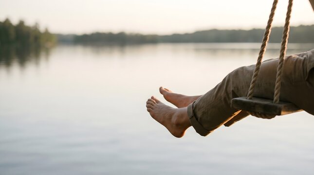 Relaxed Bare Feet Dangling From a Rope Swing Above a Still Lake