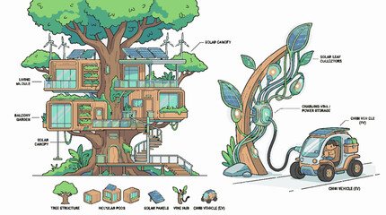 Obraz premium Conceptual sustainable treehouse home with integrated electric vehicle charging station.