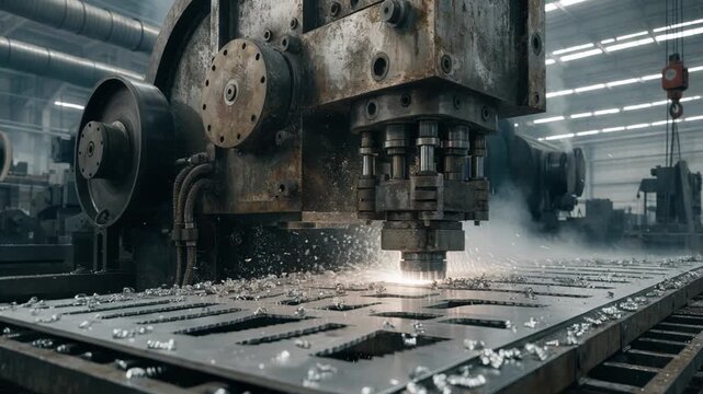 Medium shot of heavy industrial press punching panel saw blade outlines from thick sheet steel in a busy factory setting. Medium shot of precise stamping process creating back saw