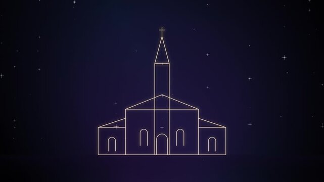 A minimalist line art illustration of a church building with a steeple against a dark starry night sky.