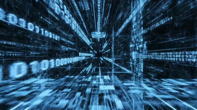 Explore abstract programming with blue digital code and futuristic visuals in a detailed display of VSRExport technology