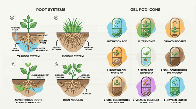 Educational diagram showing plant root systems and botanical capsule icons.