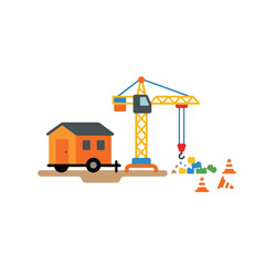 A construction site illustration featuring a yellow crane, an orange site office trailer, scattered building blocks, and traffic cones. © Aqil Art