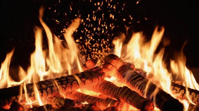 Slow motion fire burning wood at night captured by high speed HD camera in clear detail