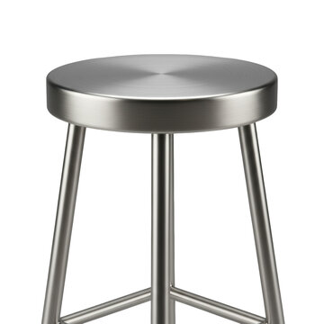 meticulously rendered, brushed stainless steel industrial bar stool with a heavy-duty three-legged base, presented with high-contrast studio lighting on a gray background, technical commercial design
