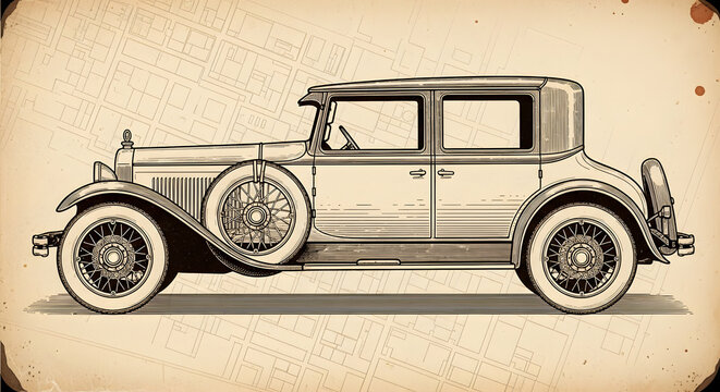 An isolated vector model of a classic black vintage Ford car and an antique retro transport vehicle wheel