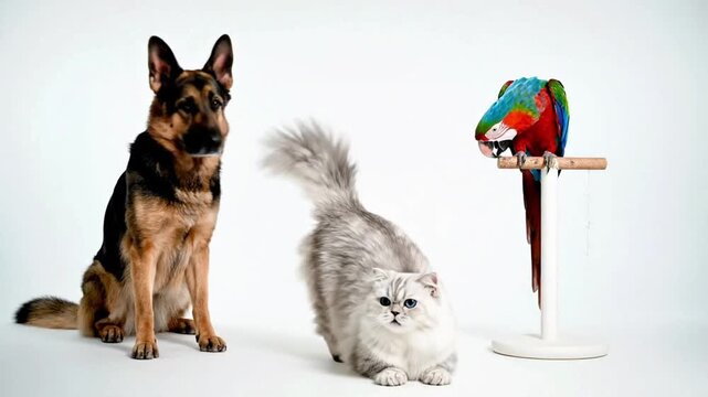 Animals sit together on a white background with a dog, cat, and parrot in a studio setting