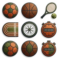 Obraz premium Sports icons including soccer balls, basketballs, and tennis equipment displayed.