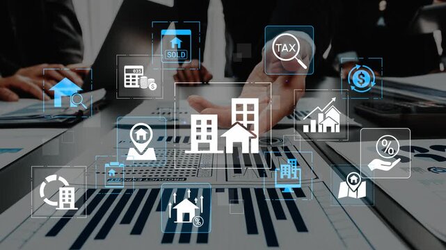 Conceptual image of real estate market analysis with digital icons on a chart, highlighting data search and transaction visuals in modern workspace. Entropy.
