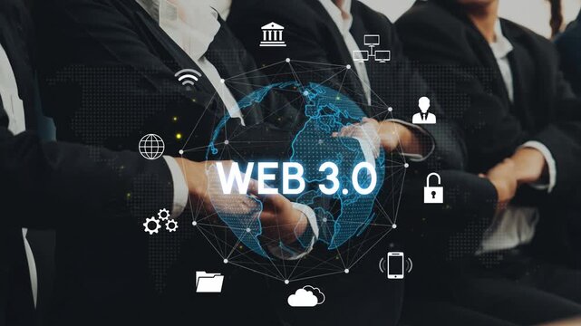 Business professionals engaging in a digital world of Web 3.0 concepts with global connectivity and technology icons representing modern innovations. Entropy.