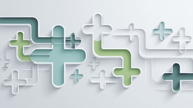 3D abstract healthcare network background with connected medical crosses and digital circuit lines in teal and green colors.