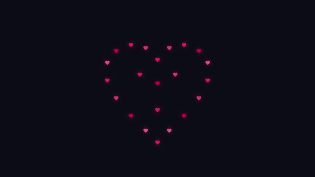 Romantic pink heart pattern formed by tiny hearts against a dark black background
