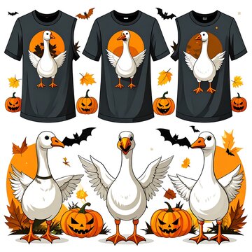 A digital illustration of Halloween-themed t-shirts and standalone designs featuring white geese, pumpkins, bats, and leaves on a white background