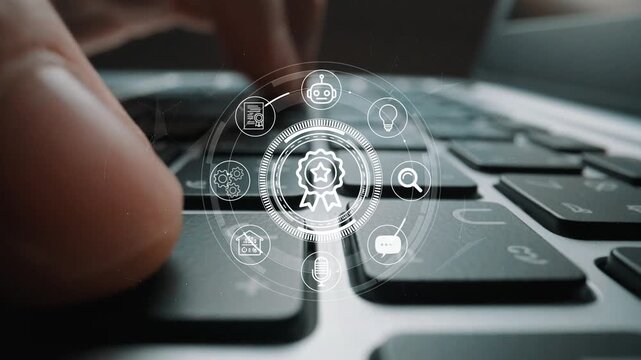 Close-Up of Hands Typing on Keyboard with Digital Icons Representing Technology, Innovation, and Information on Modern Desktop. Entropy.
