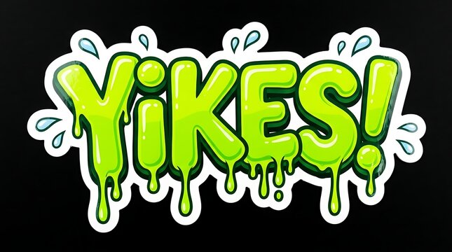 Vibrant green 'YIKES!' text with a dripping slime effect and water droplets on a dark background, expressing surprise or dismay.