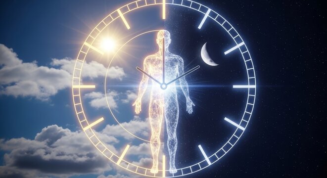 Man silhouette built of light mesh inside clock face showing day and night shift. Circadian rhythm and biological clock concept. Body metabolism cycle, health, life and time management.