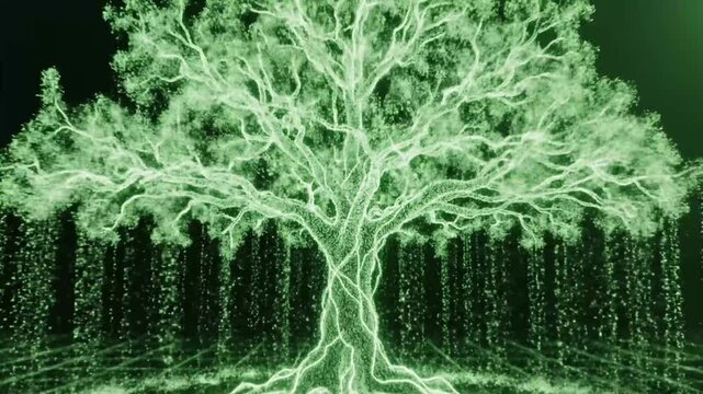Glowing green digital tree with falling code particles.