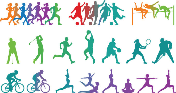 Colorful athletes silhouette mega collection vector set featuring running soccer tennis cycling golf and gymnastics sports